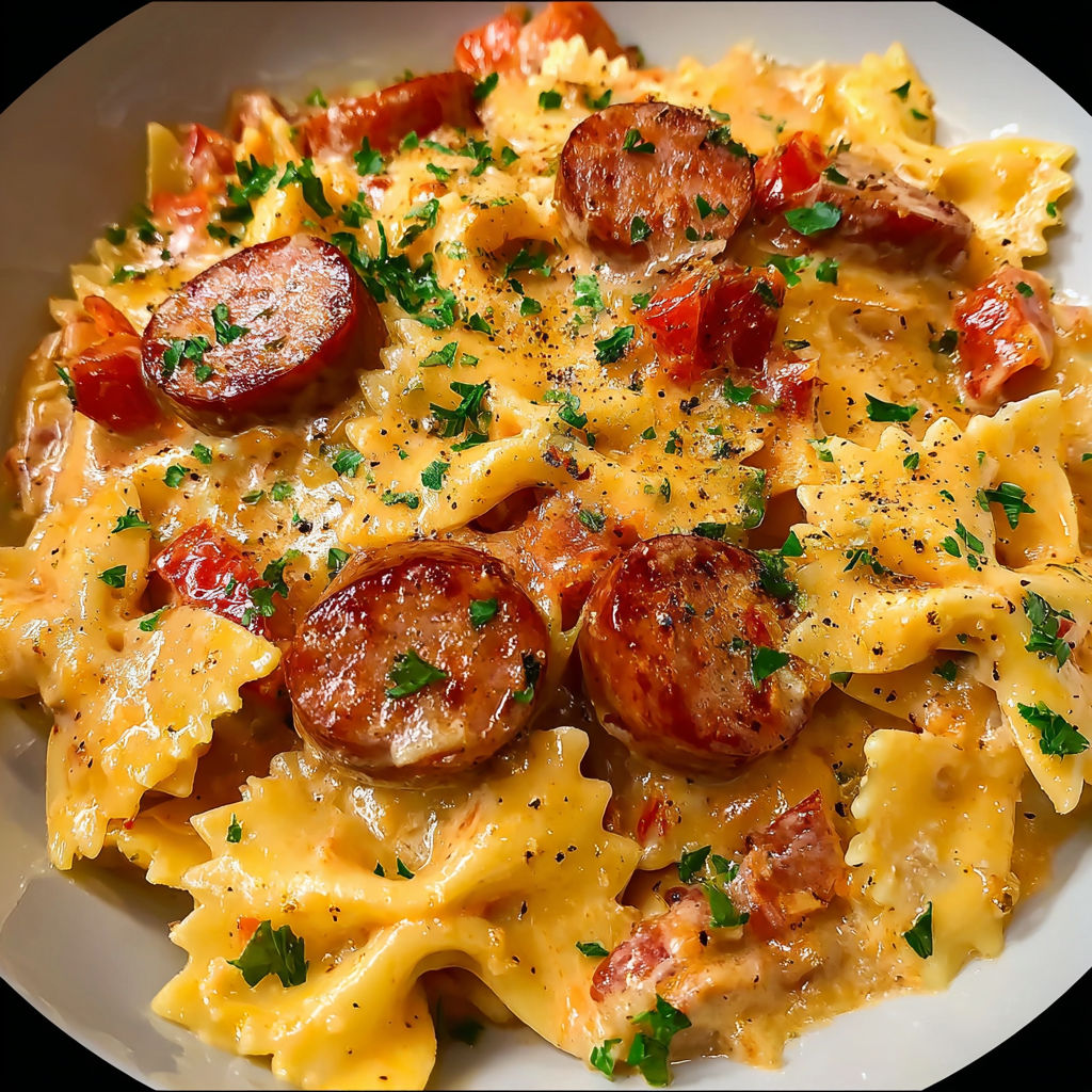 Gratin de pâtes fondant à la saucisse fumée.