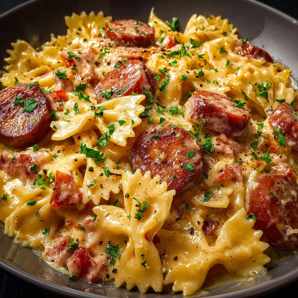 Farfalle fondantes à la saucisse dorée et fromage.