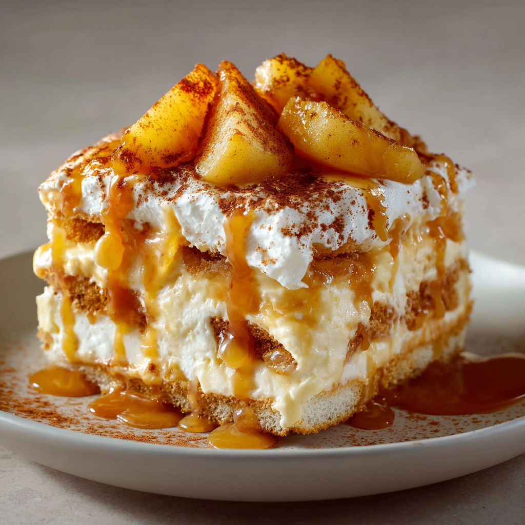 Un dessert au caramel et pommes fondantes présenté sur un plateau.