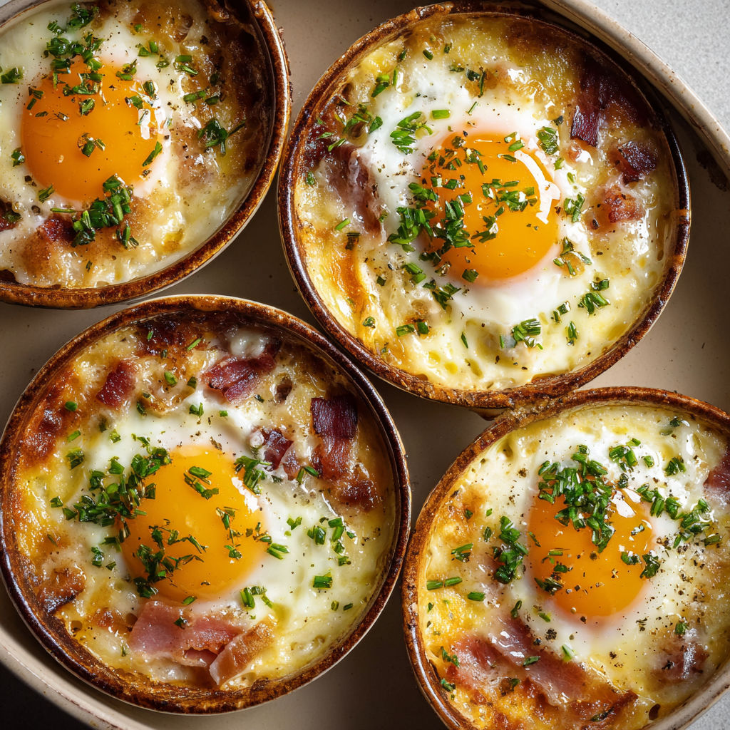 Quatre ramequins avec œufs et morceaux de bacon.