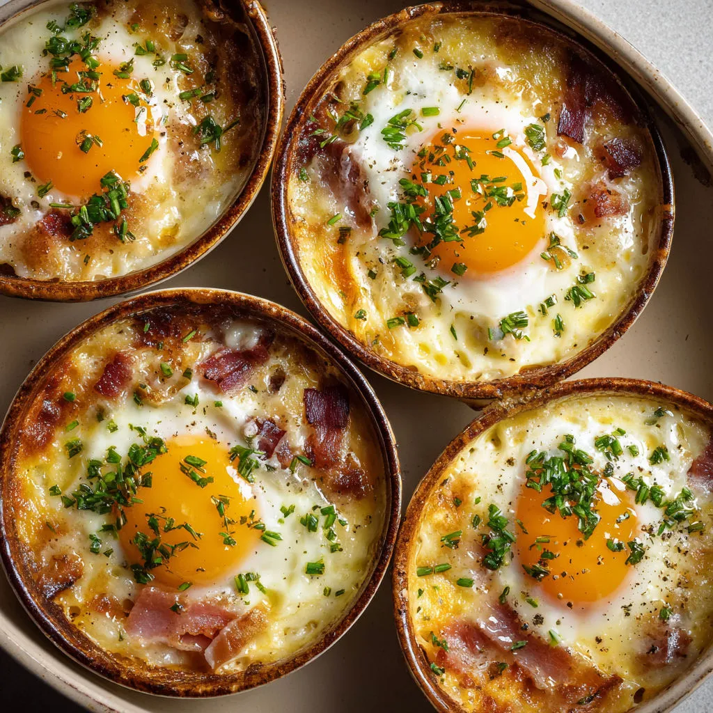 Quatre ramequins avec œufs et morceaux de bacon.