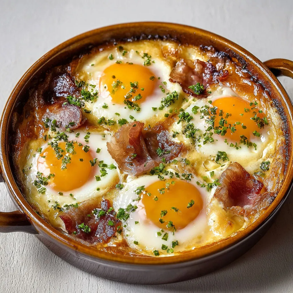 Petits ramequins d’œufs cocotte avec lardons et crème fondue.