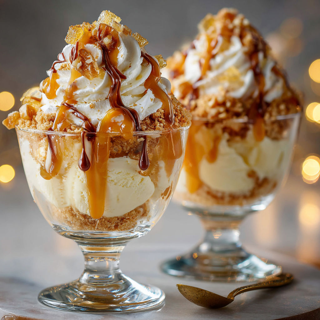 Sundae gourmand au caramel beurre salé avec éclats croquants.