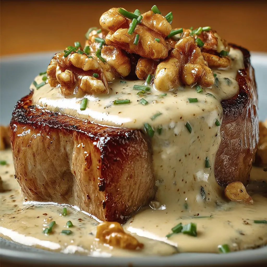 Filet mignon crémeux au roquefort et éclats de noix.