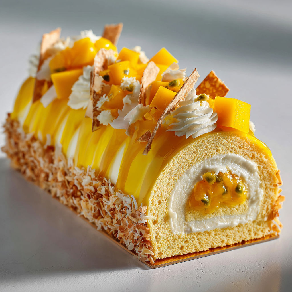 Délice tropical : bûche mangue, coco et passion ornée de fruits frais et copeaux gourmands sur une table claire.