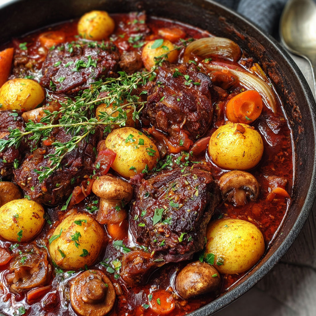 Un plat de bourguignon d'agneau chaud et appétissant dans un bol de fer.