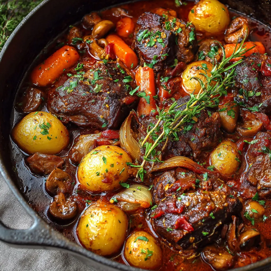 Plat d’agneau traditionnel au vin et champignons.