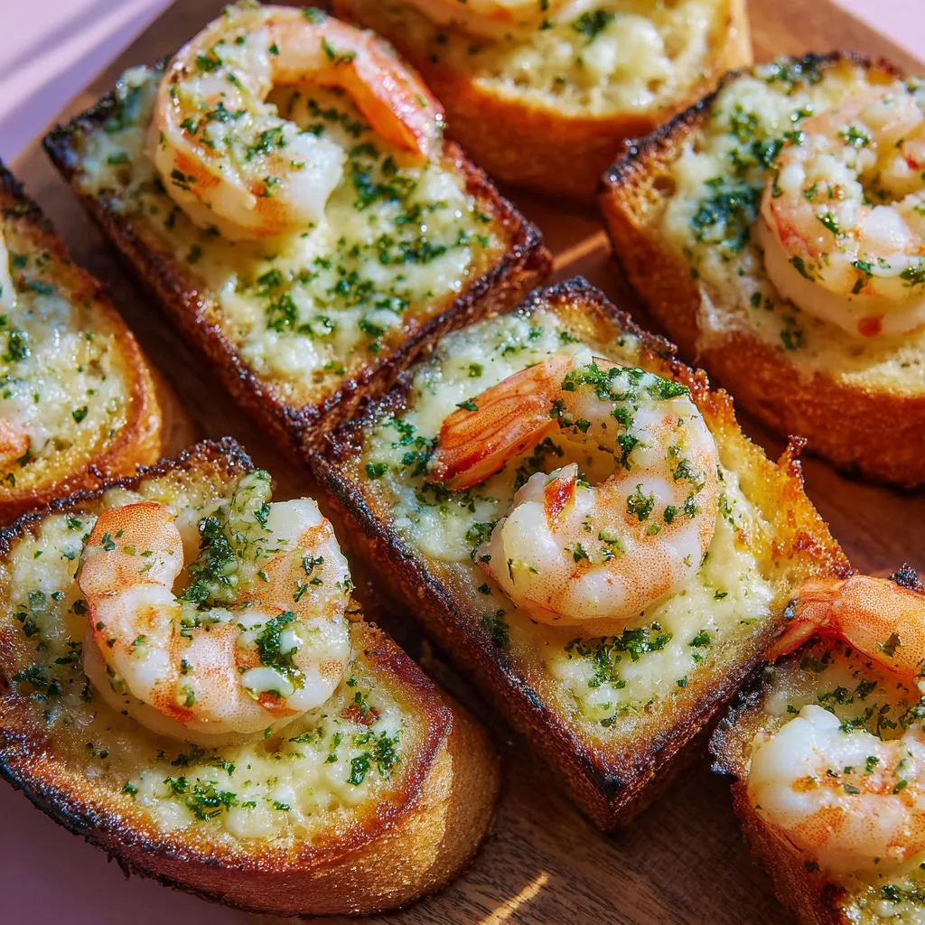 Pain croustillant aux crevettes, ail, mozzarella spécial Noël.
