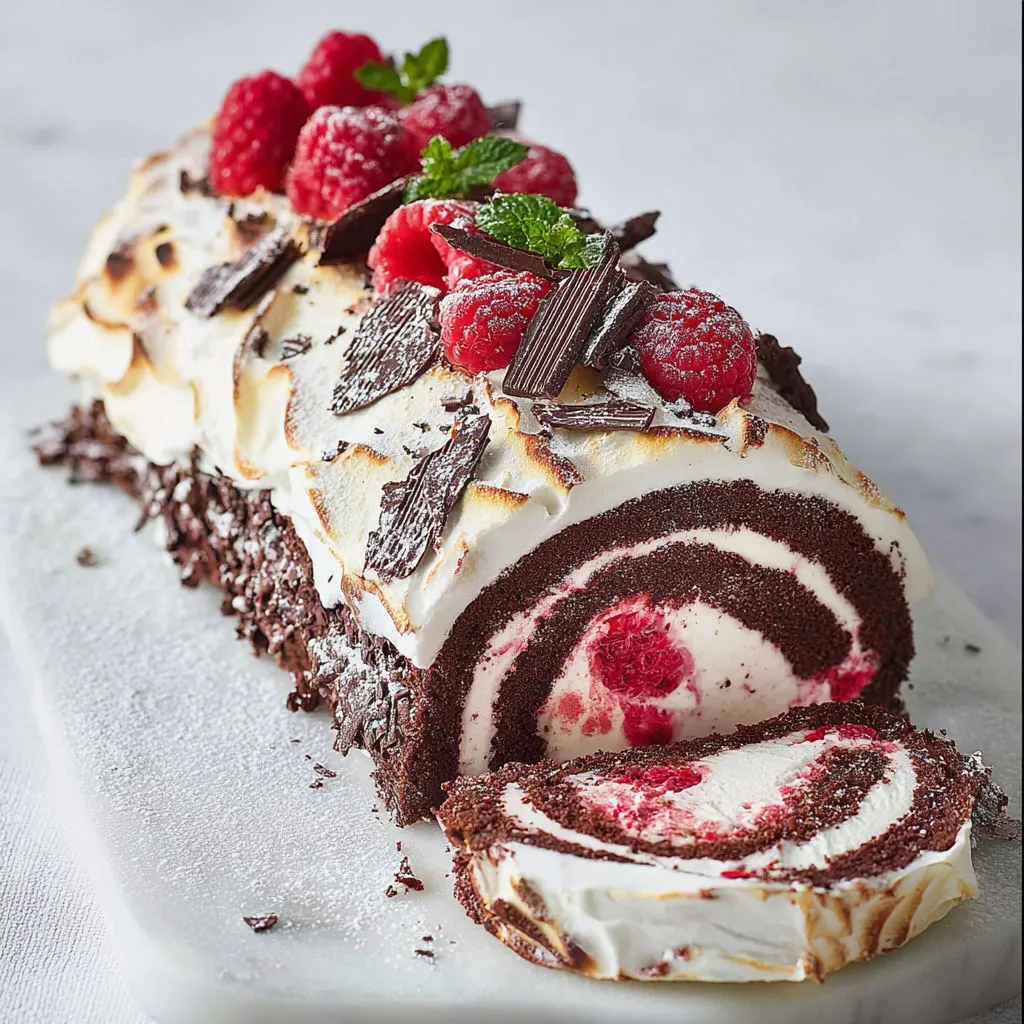Bûche glacée festive cœur chocolat et meringue dorée.