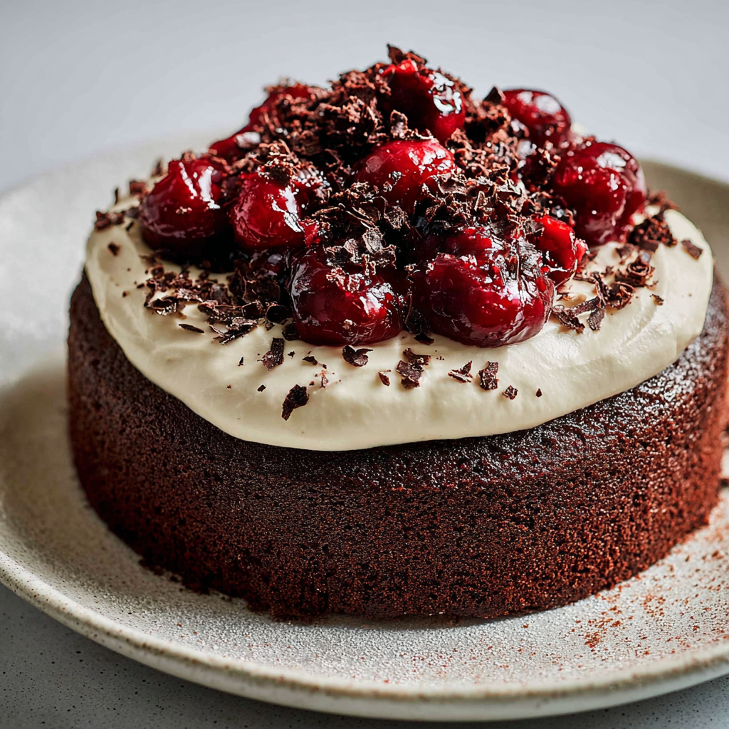 Une forêt-noire toute simple dressée sur un joli plat.