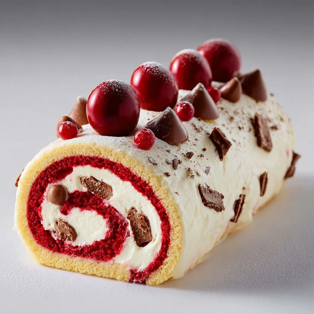 Biscuit roulé mascarpone et cerises façon Schoko-Bons appétissant.