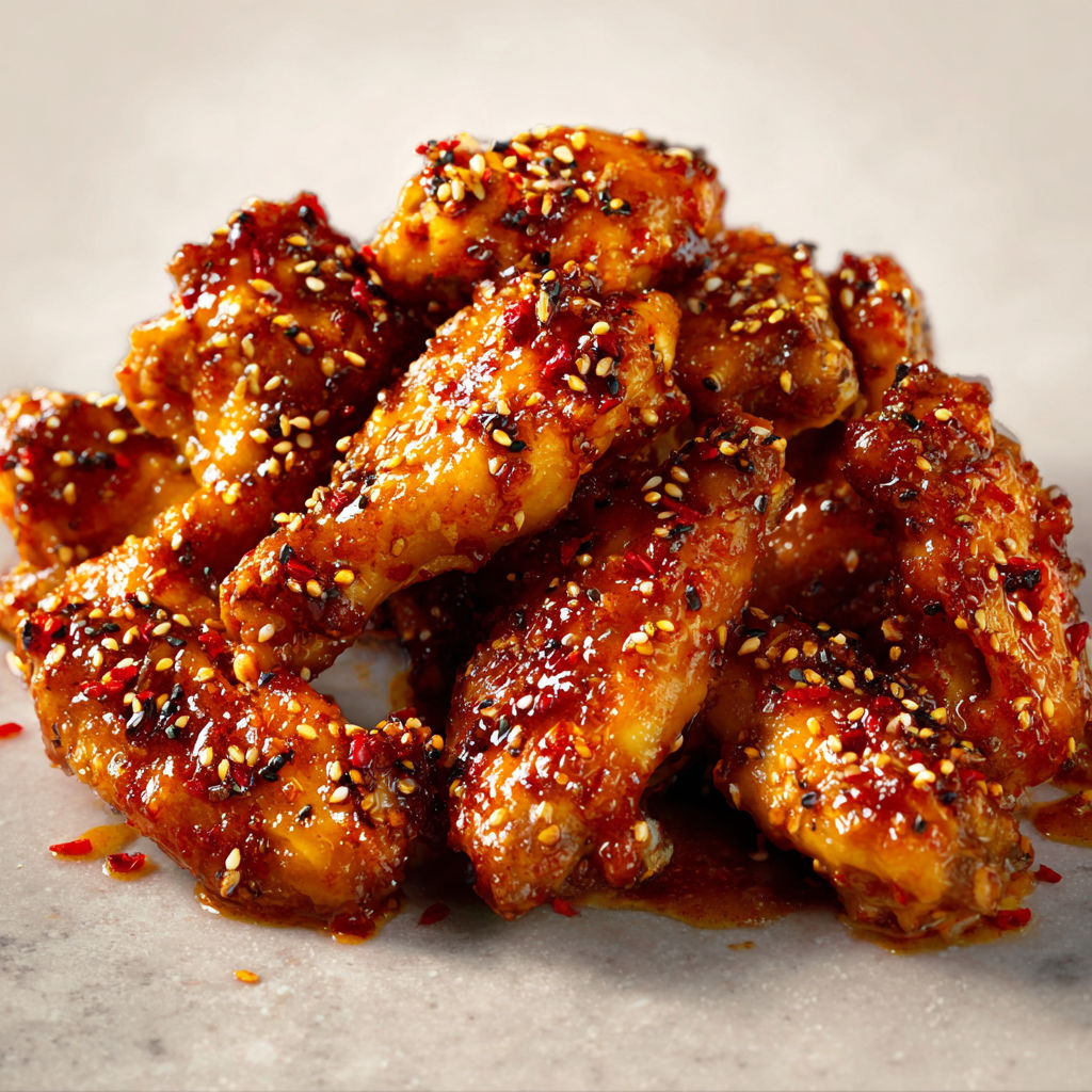 Ailes dorées parfumées avec miel, citron et sésame sur une table en marbre.