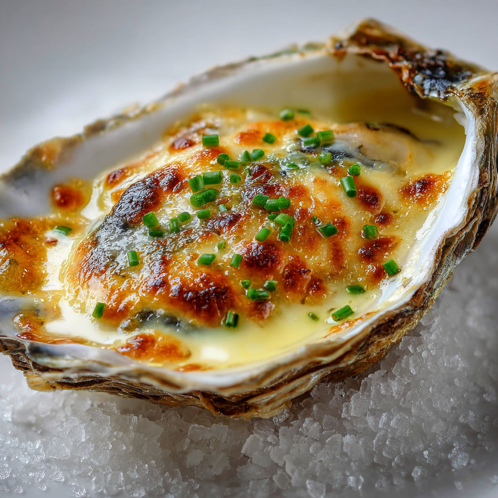 Une huître gratinée au champagne présentée sur une table élégante.