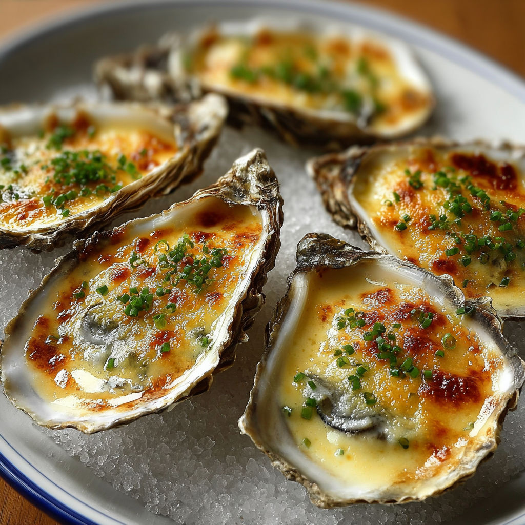 Huîtres gratinées au champagne fondantes et dorées.
