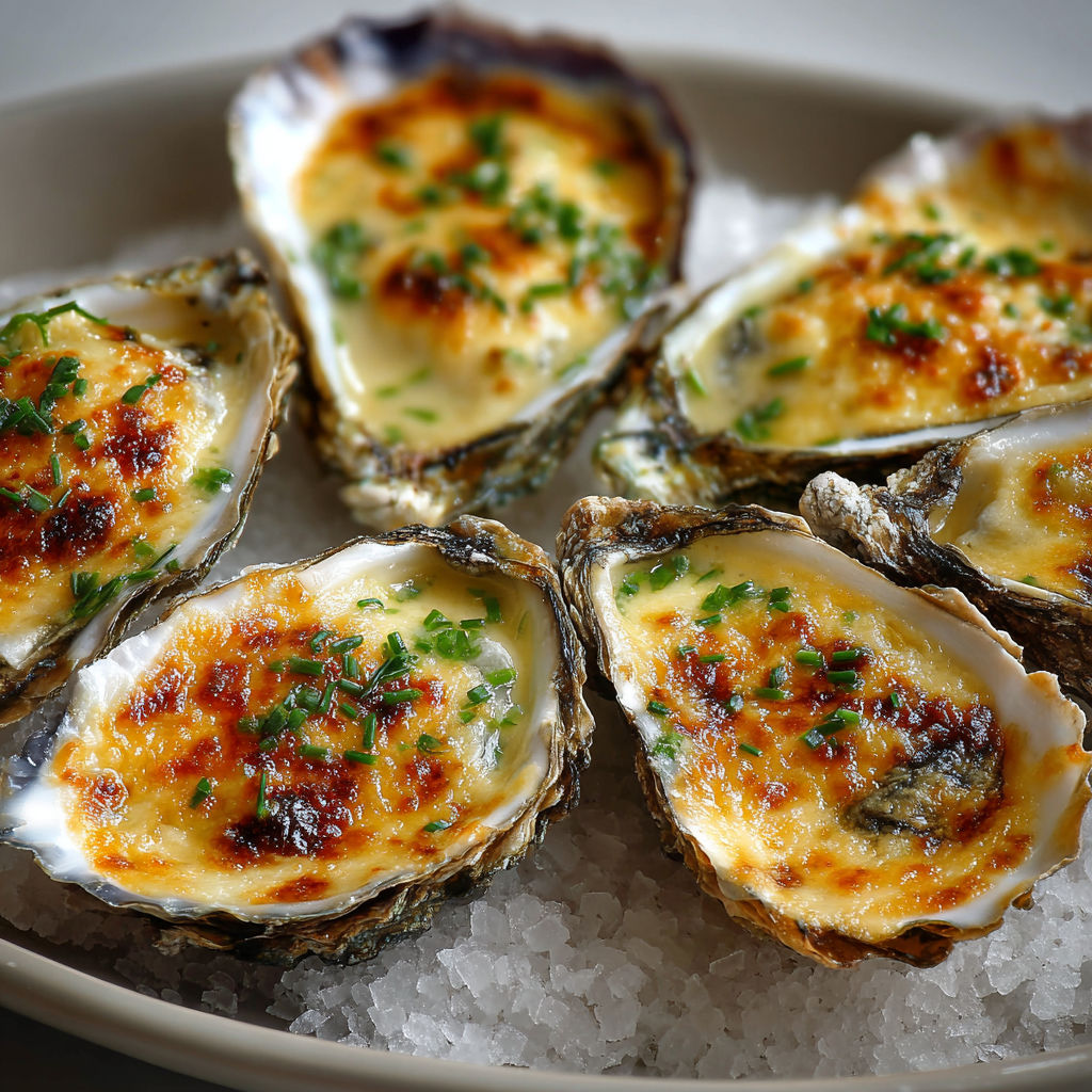Huîtres fines au champagne et fromage doré.