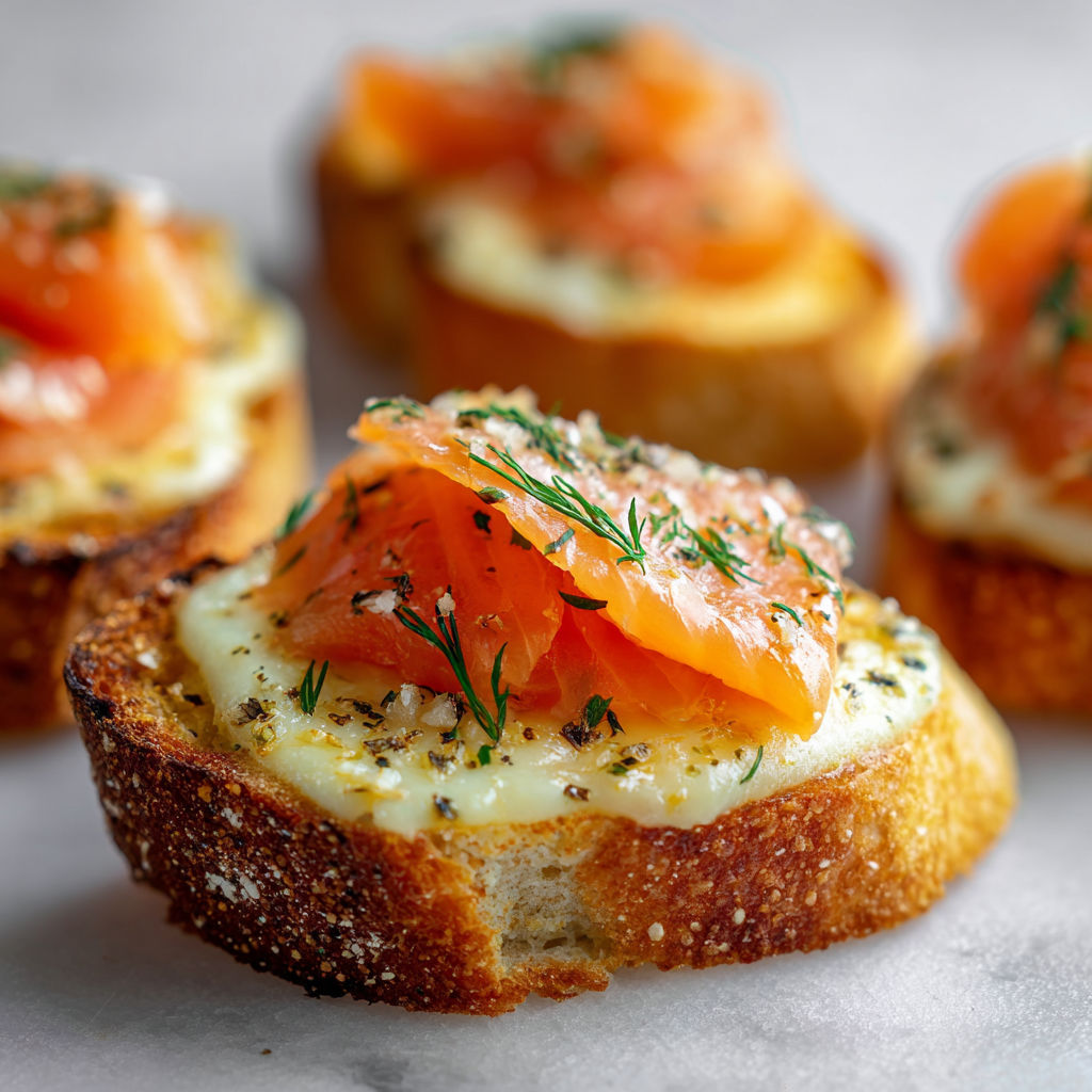 Saumon fumé, pain doré et fromages fondus avec des herbes fraîches pour les fêtes.
