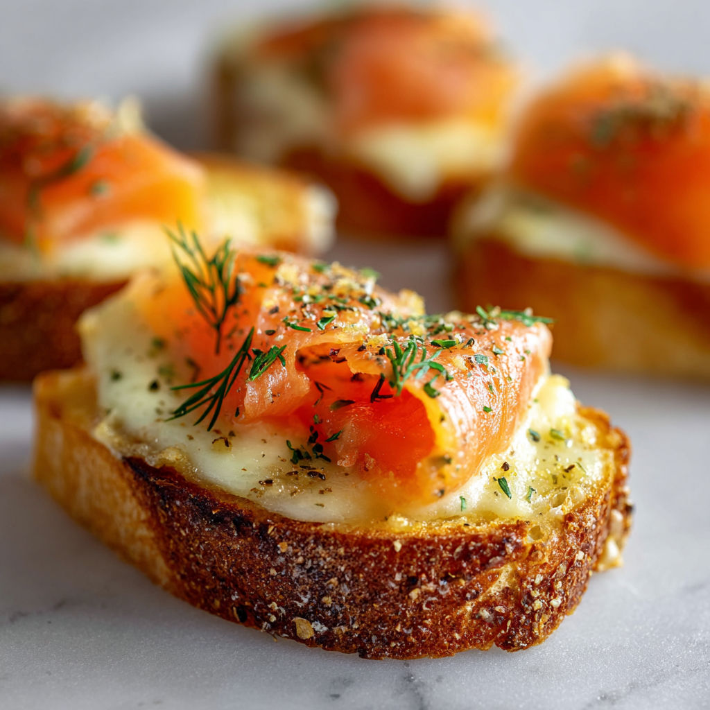 Pain gratiné à l’ail et saumon fumé pour un apéro festif.