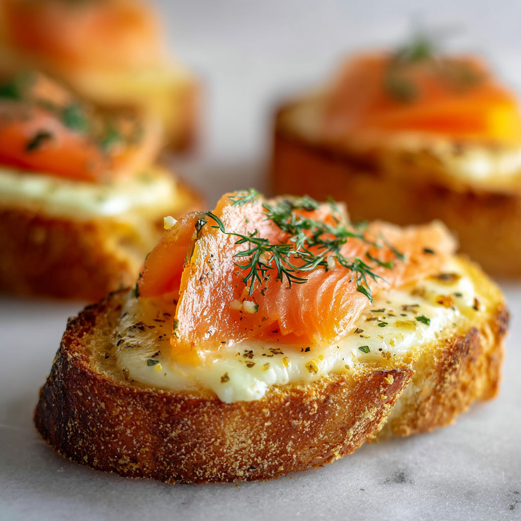 Tranche de pain croustillante garnie de saumon fumé et d’herbes fraîches.
