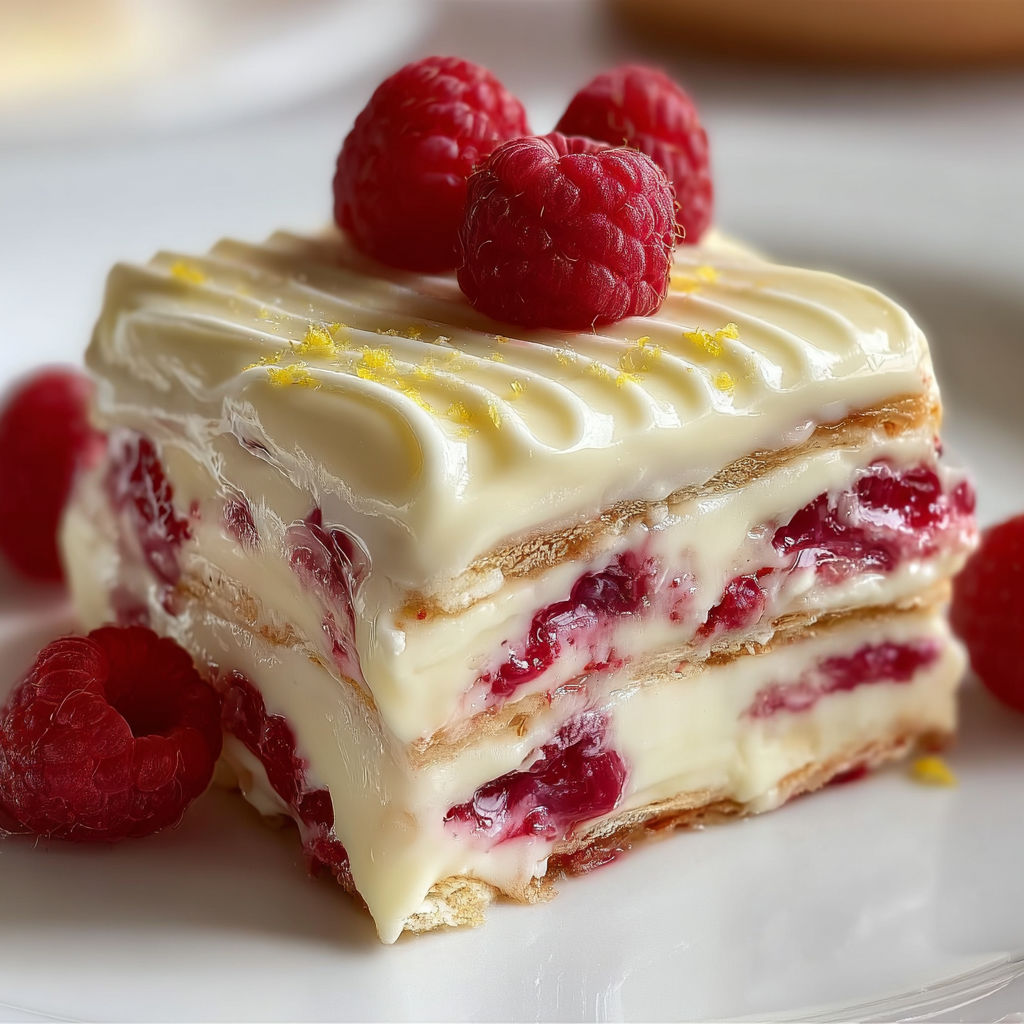 Une part élégante de lasagne sucrée au chocolat blanc et framboise, surmontée de fruits rouges.