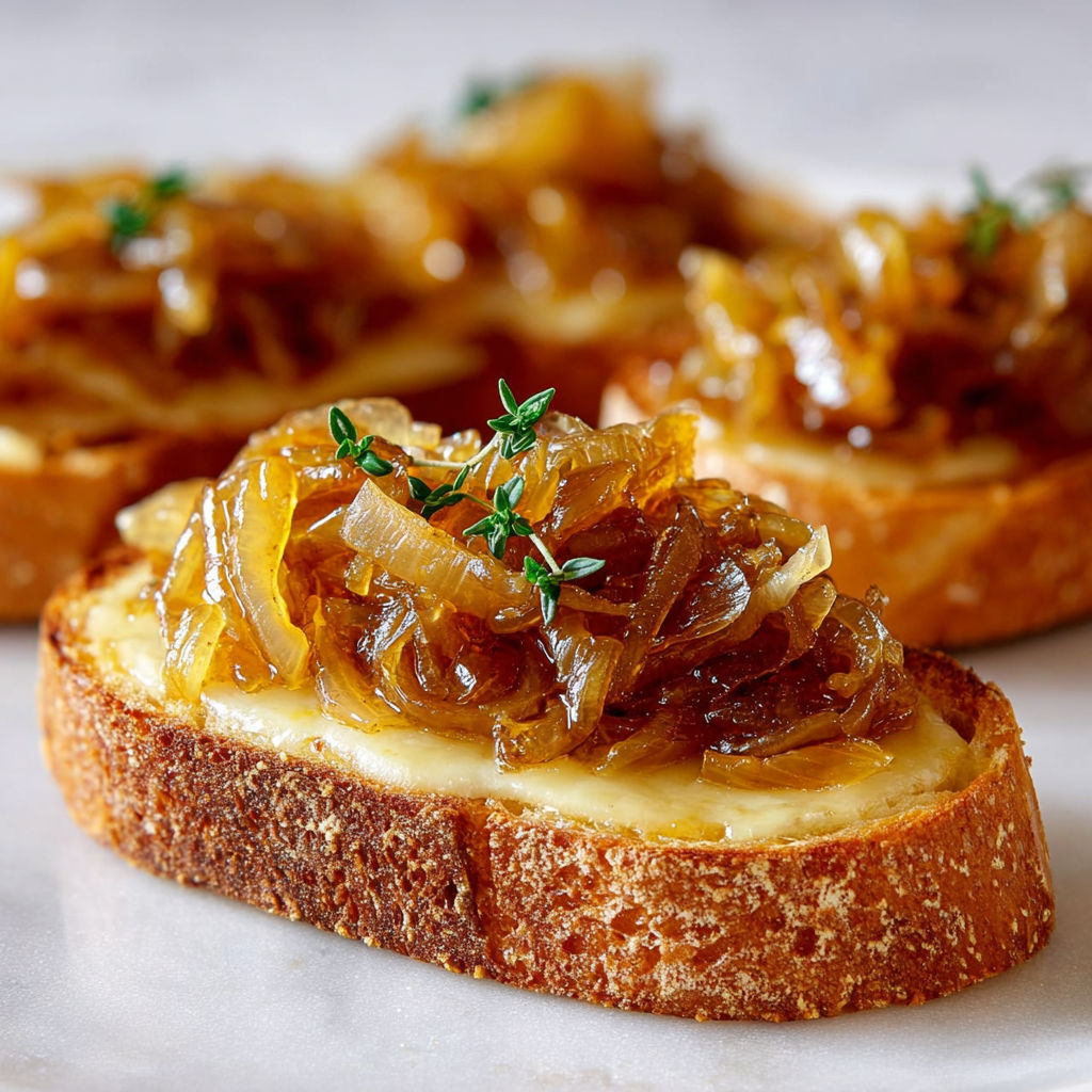 Bruschettas avec oignons dorés et fromage gratiné sur du pain grillé.