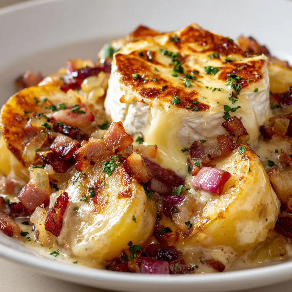 Tartiflette gourmande aux pommes de terre dorées, lard croquant et Reblochon fondant.