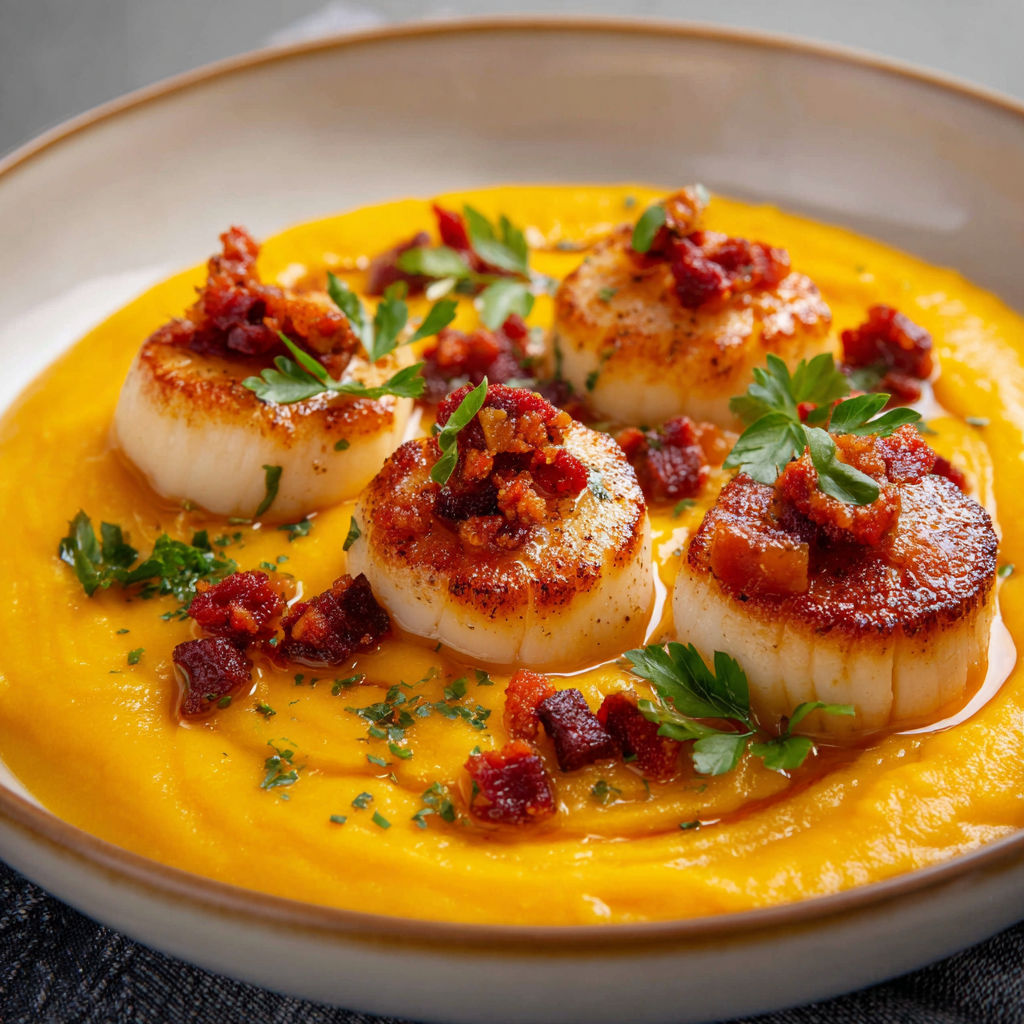 Des coquilles Saint-Jacques dorées avec une sauce butternut et des herbes fraîches.
