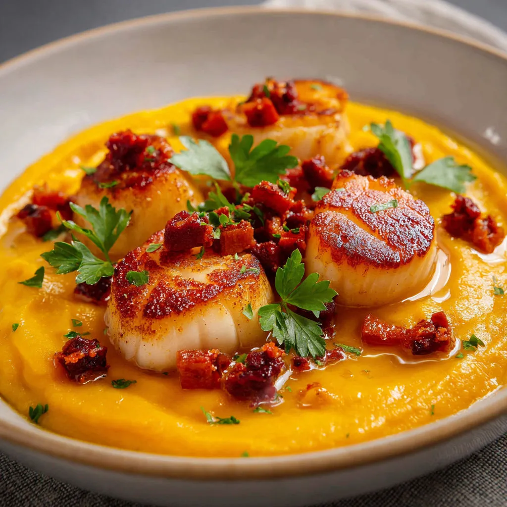 Saint-Jacques dorées sur lit de butternut et chorizo croustillant.