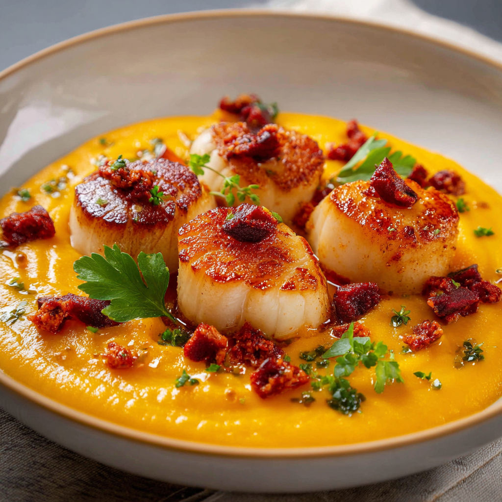 Saint-Jacques fondantes, purée de courge, chorizo doré.