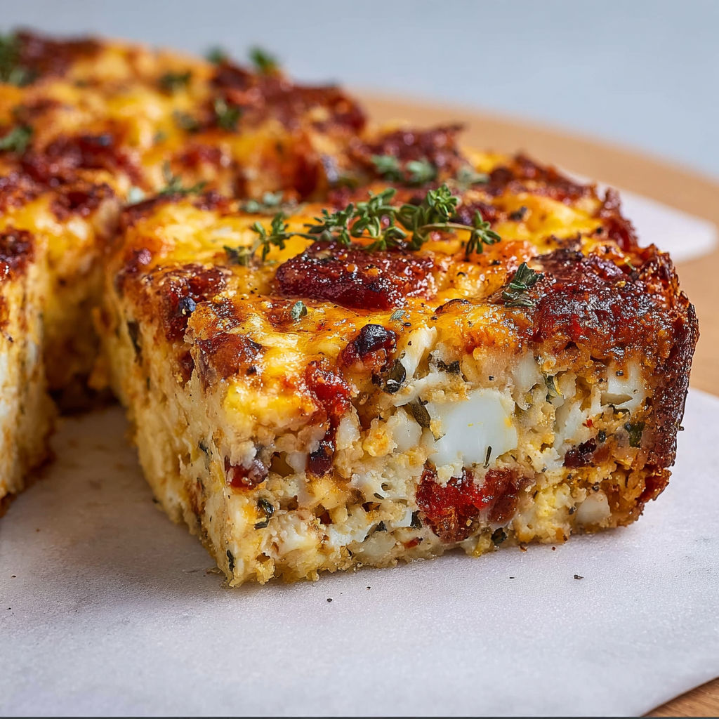 Brownie salé au chou-fleur et chorizo avec herbes fraîches et saveurs parfumées.