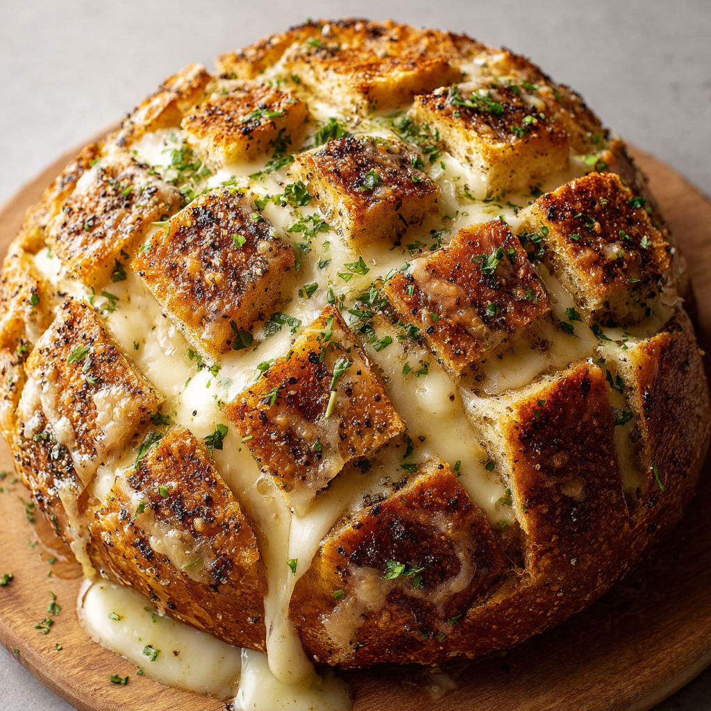 Pain doré à la mozzarella fondante et poivre noir sur une planche en bois.