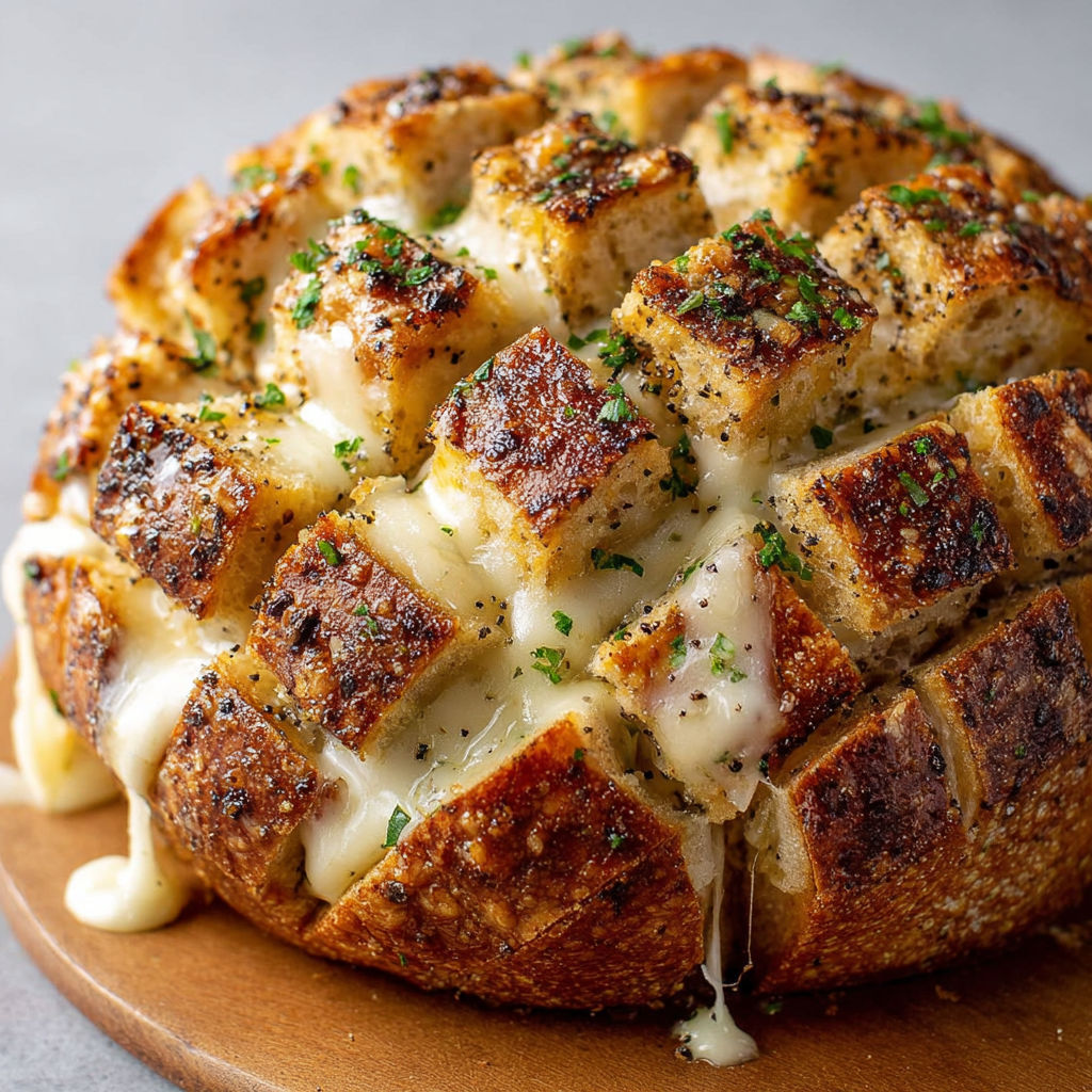 Boule gourmande gratinée à l’ail, mozzarella fondue et poivre.