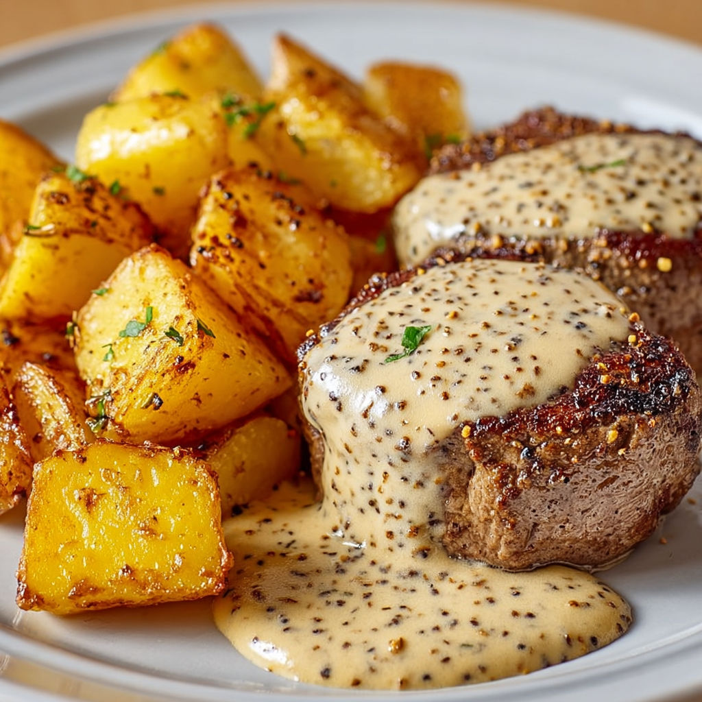 Un plat appétissant de viande tendre, pommes de terre dorées et sauce moutarde.