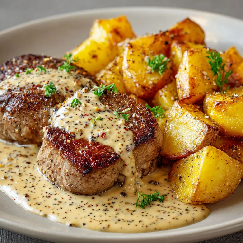 Filet Bœuf ou Veau Sauce Moutarde et Pommes Rôties.