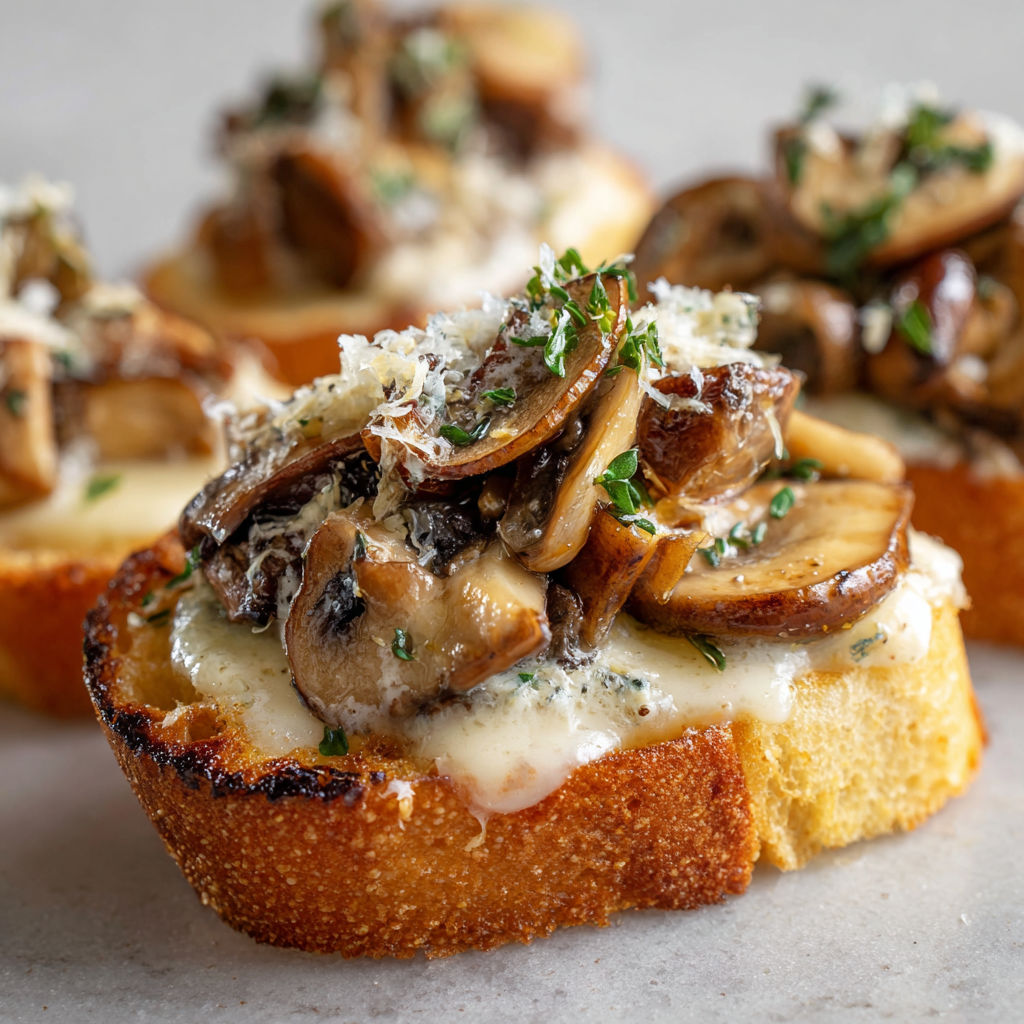 Pain à l’ail craquant et crémeux aux champignons.