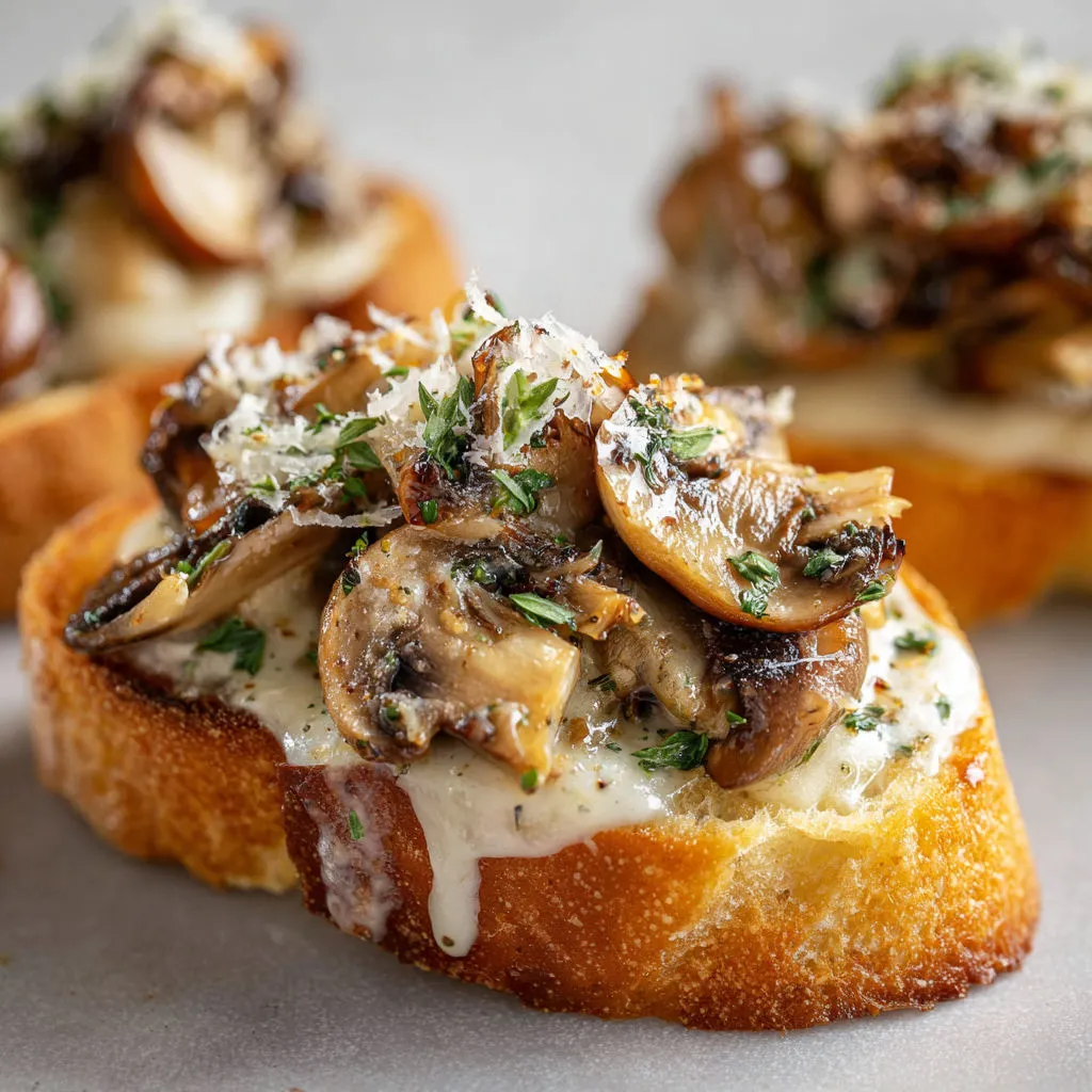 Tranches apéritives : pain à l’ail, crème de champignons et comté doré.