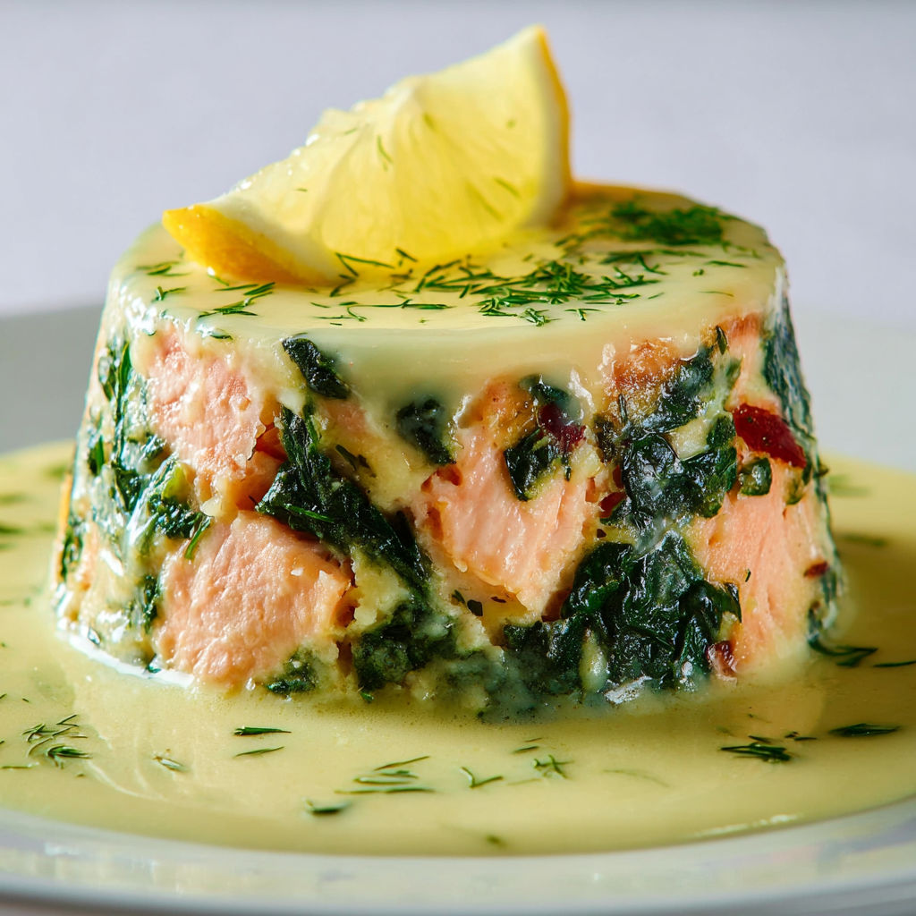 Un flan moelleux de saumon et épinards nappé d’une sauce citron.