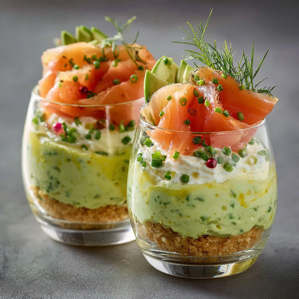 Délicate mousse avocat saumon fumé en verrine ultra fraîche.