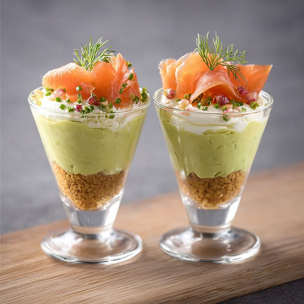 Mousse veloutée avocat saumon, fraîcheur irrésistible en verrine.