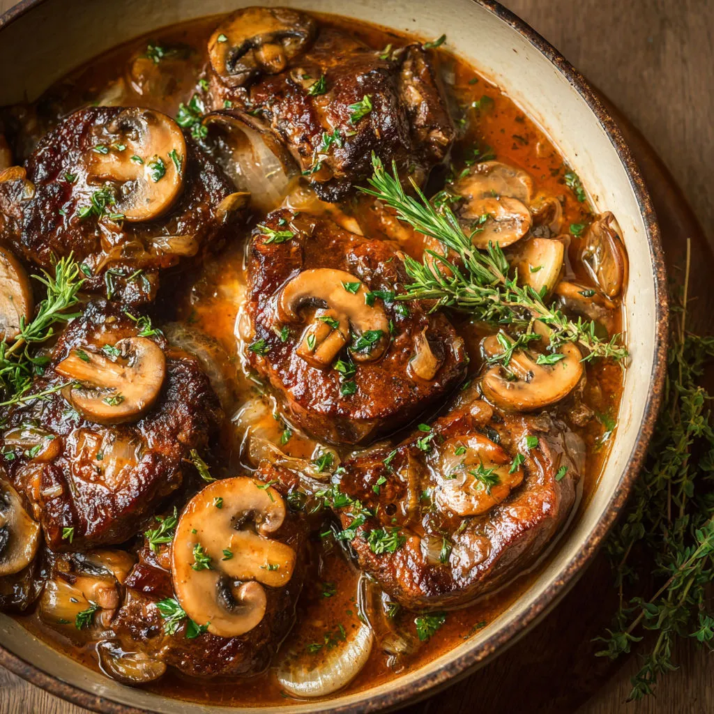 Joues de porc ultra tendres aux champignons et vin blanc.