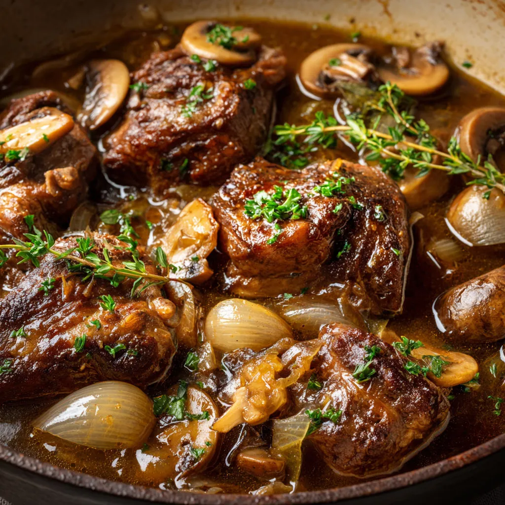 Joues de porc confites aux champignons sauce vin blanc