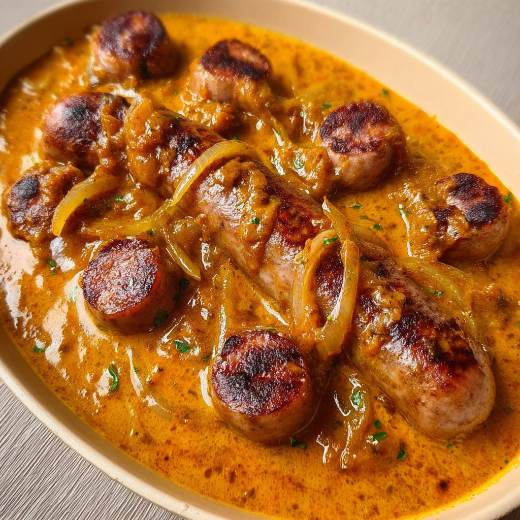 Un curry doux avec des saucisses et de la crème, savoureux et réconfortant.