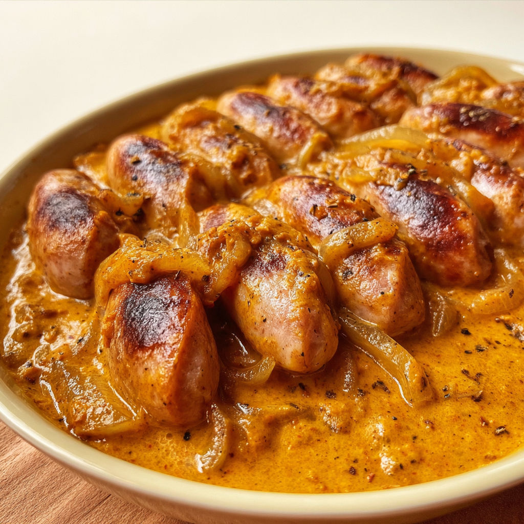 Saucisses ultra fondantes et onctueuses au curry doux.