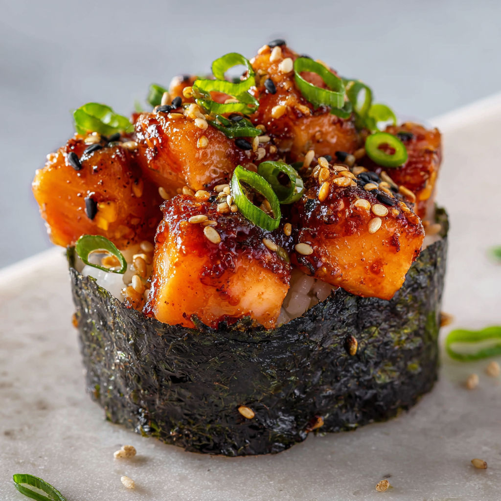 Un plat avec des bouchées joliment présentées, riz et saumon.