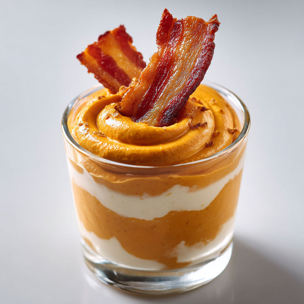 Verrine garnie de mousse de patate douce et de bacon croustillant.