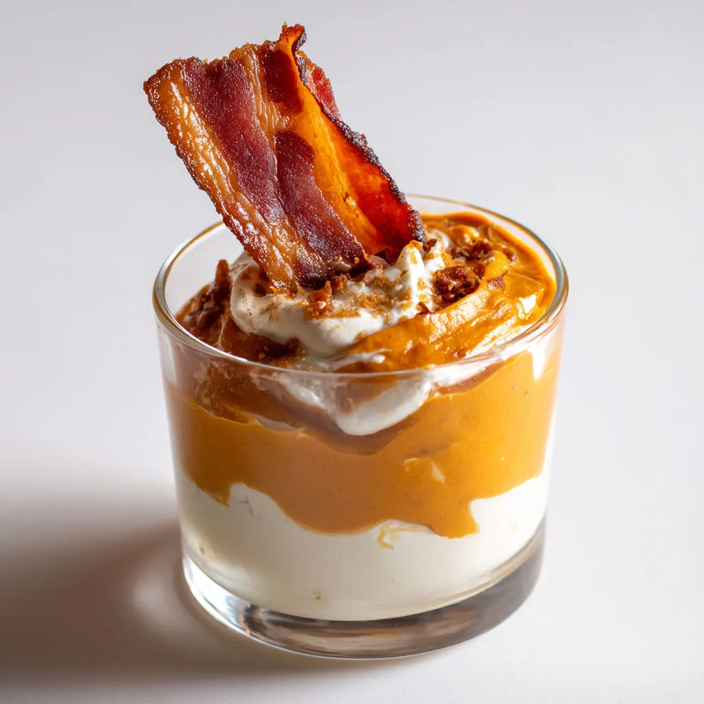 Verrines Chic de Mousse de Patate Douce et Bacon ultras croustillant.