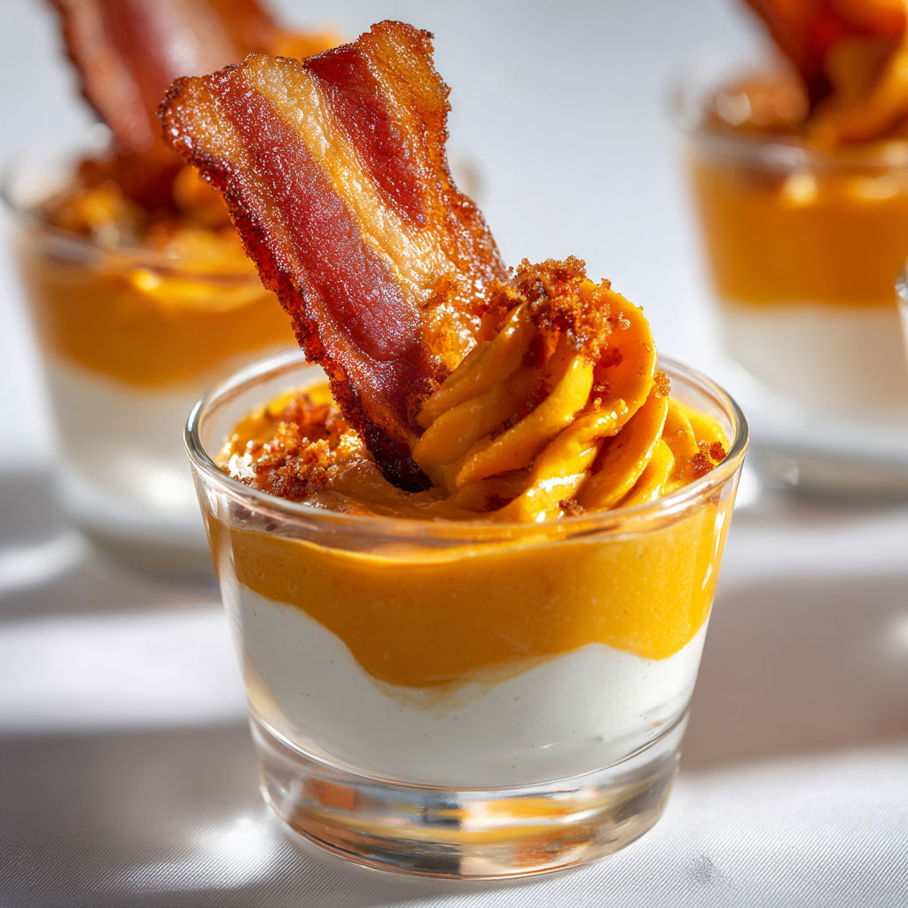 Mousse de Patate Douce ultra festive, bacon craquant en verrine.