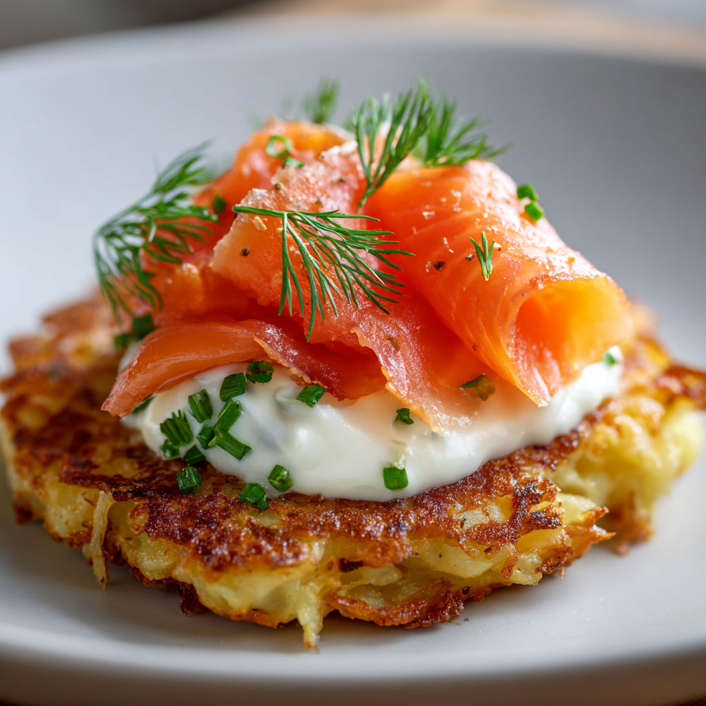 Assiette de galettes de pommes de terre avec saumon fumé et herbes fraîches.