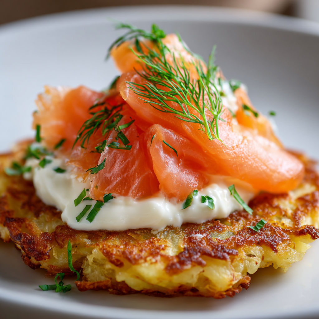 Galettes de pommes de terre dorées et saumon fumé.