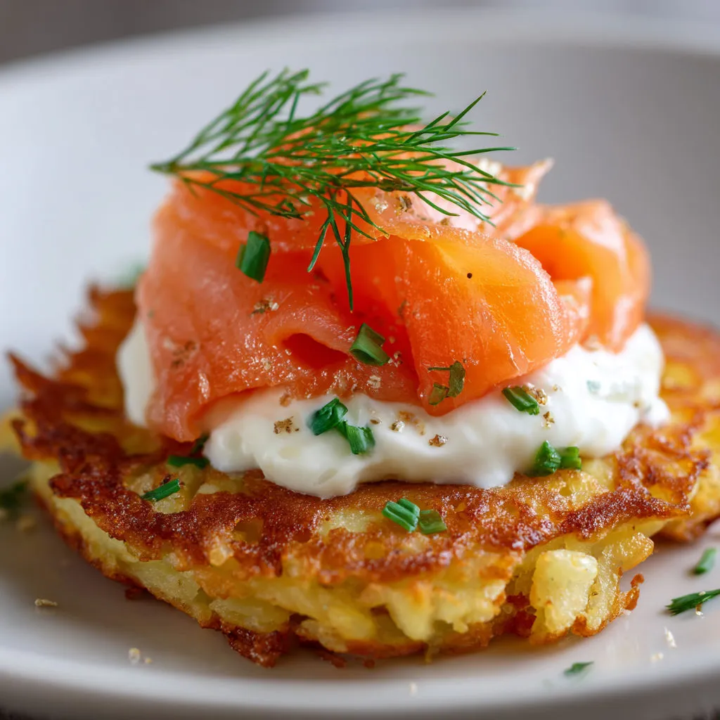 Galettes salées pommes de terre, saumon fumé et crème au citron.