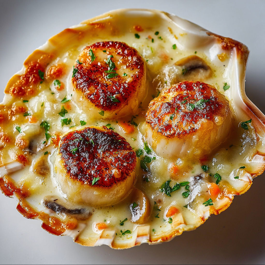 Coquilles Saint-Jacques gratinées, champignons et fromage filant.